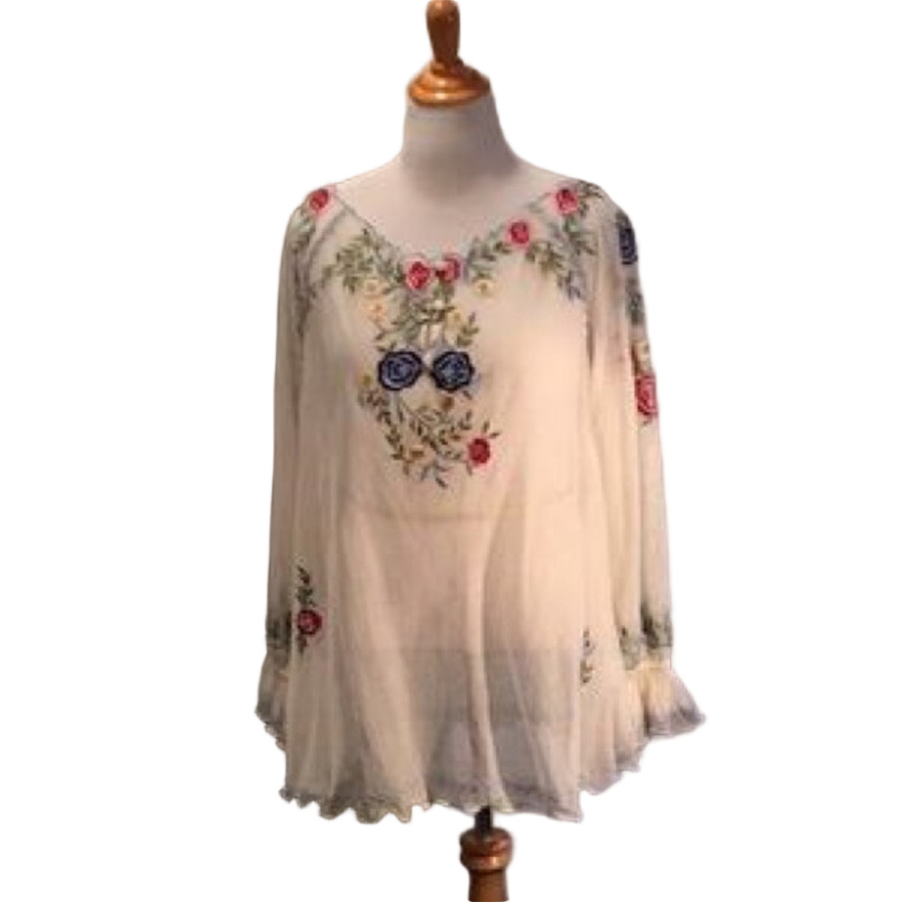 Roja Collection Embroidered Mesh Floral White Peasant Blouse - Women Tops Medium